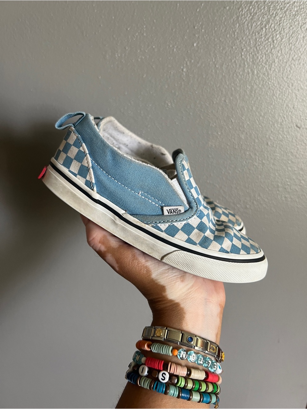 Vans Kids Slip-On Checkerboard Sneakers – Light Blue & White
